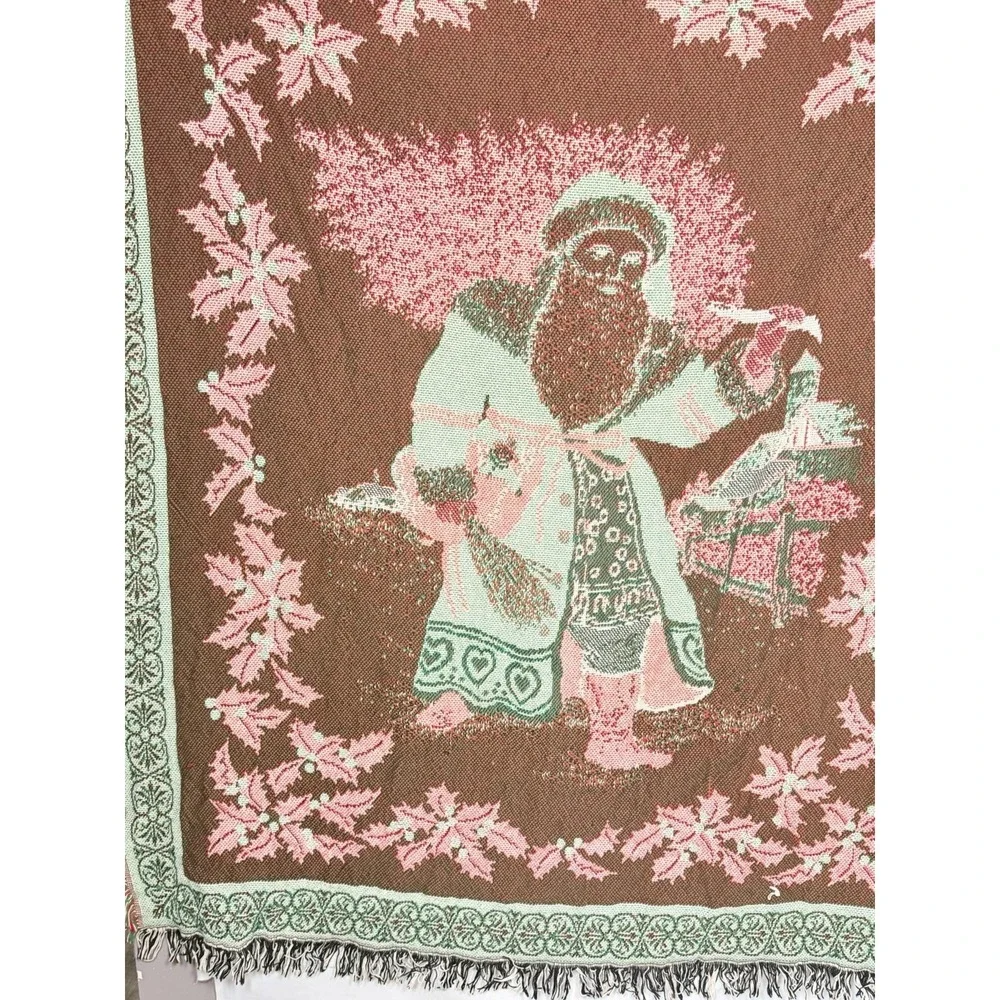 Vintage Avon Woven Christmas Santa Throw Blanket Tapestry Afghan Holly Fringe